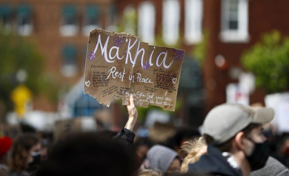 Ohio State University students gather on High Street in April 2021 to protest the shooting death of Ma'Khia Bryant by a Columbus police officer.