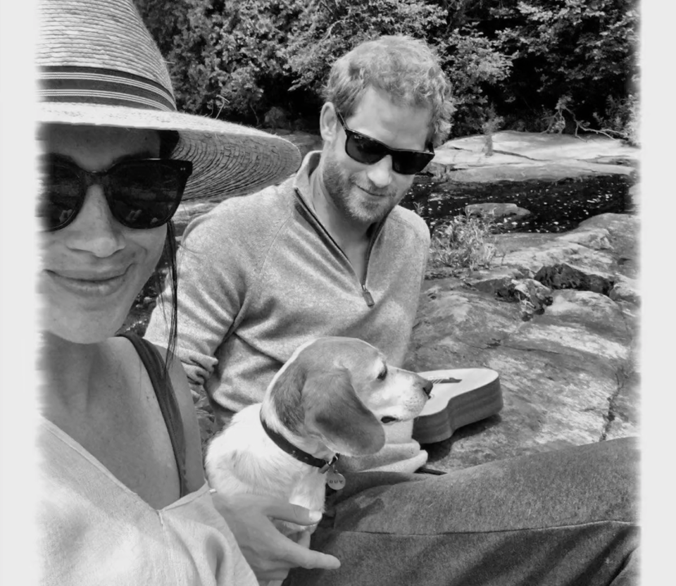Harry and Meghan pose for a selfie with Meghan's beagle, Guy.