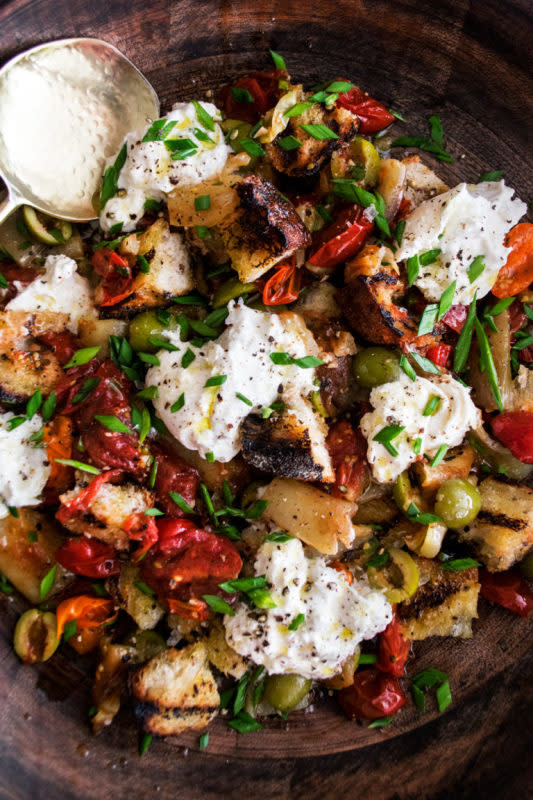 <p>The Original Dish</p><p>A slightly different take on a panzanella salad – this pepper panzanella includes grilled sweet peppers, burst cherry tomatoes, tangy olives, crispy pieces of grilled bread, and creamy burrata cheese.</p><p><strong>Get the recipe: <a href="https://www.theoriginaldish.com/2019/08/12/pepper-panzanella-with-burrata-olives/" rel="nofollow noopener" target="_blank" data-ylk="slk:Pepper Panzanella with Burrata and Olives;elm:context_link;itc:0;sec:content-canvas" class="link rapid-noclick-resp"><em>Pepper Panzanella with Burrata and Olives</em></a></strong></p>