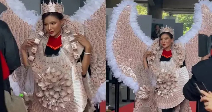 泰國一名女大生畢業時，收到用鈔票1000泰銖所做的天使服裝，要價200萬泰銖（圖／翻攝自TikTok）