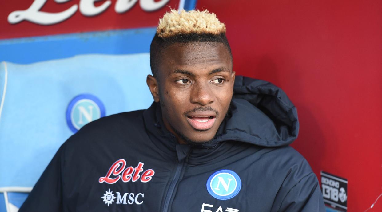  Manchester United rumoured transfer target Victor Osimhen of Napoli looks on from the bench during the Serie A match between Napoli and Hellas Verona at the Stadio Diego Armando Maradona on April 15, 2023 in Naples, Italy. 