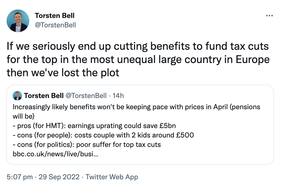 Torsten Bell, chief executive of The Resolution Foundation, said the government had 'lost the plot'. (Twitter/Torsten Bell)