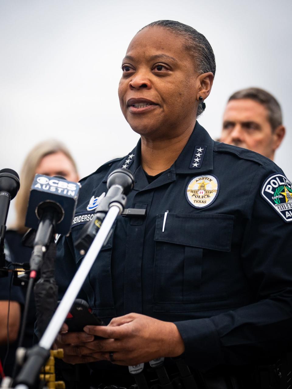Interim Austin Police Chief Robin Henderson speaks to the press about the shooting death of an Austin Police Department officer, Saturday, Nov. 11, 2023 during a press conference held at Cowan Elementary School in south Austin.