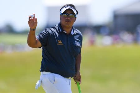 Jun 16, 2018; Southampton, NY, USA; Kiradech Aphibarnrat reacts on the seventeenth green during the third round of the U.S. Open golf tournament at Shinnecock Hills GC - Shinnecock Hills Golf C. Mandatory Credit: Dennis Schneidler-USA TODAY Sports