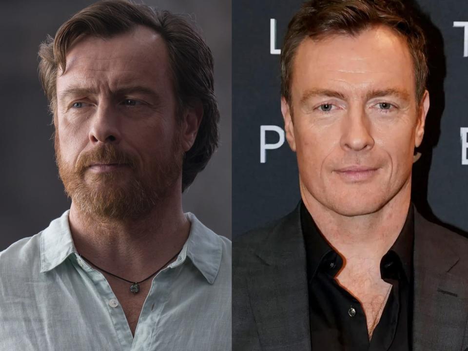 left: poseidon, a man with light facial hair in percy jackson; right: toby stephens clean shaven on a red carpet, smiling slightly