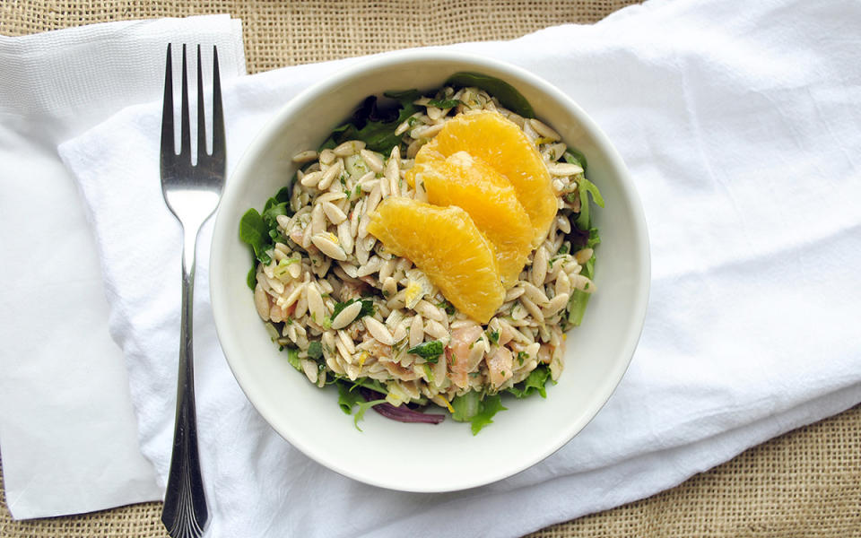 <p>Sanura Weathers</p><p>On those days you need an energizing salad with a fulfilling protein, a healthy carb, and greens, turn to this smoked salmon and orange orzo salad. It’s a salad of whole-wheat pasta tossed with citrusy vinaigrette with specks of salty smoked salmon, oranges, and crunchy celery with baby greens.</p><p><strong>Get the recipe: </strong><a href="/237722/sanuraweathers/citrus-orzo-salad-with-smoked-salmon/" data-ylk="slk:Smoked Salmon and Orange Orzo Salad;elm:context_link;itc:0;sec:content-canvas" class="link "><strong>Smoked Salmon and Orange Orzo Salad</strong></a></p>