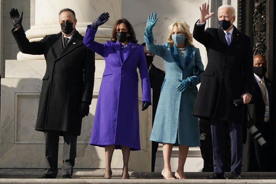 Joe Biden and his wife, Jill Biden, and Kamala Harris and her husband, Doug Emhoff, arrived at the steps of the U.S. Capitol for the start of the official inauguration ceremonies. (Photo: J. Scott Applewhite/Associated Press)