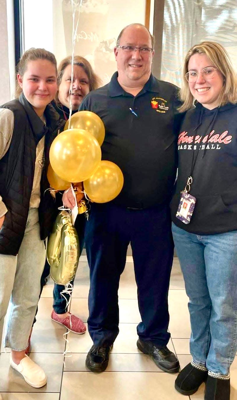 Dave Ursich's family was on hand Friday morning as he was officially named the Honesdale Area Jaycees' "Boss of the Year." Pictured with Dave are daughters Abigail and Davalyn, along with wife Georgette.