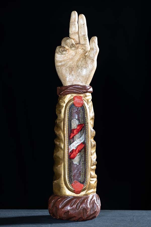 A wooden, arm-shaped relic allegedly holding fragments of the arm bones of St. Jude the Apostle is touring New Jersey in Dec. 2023.