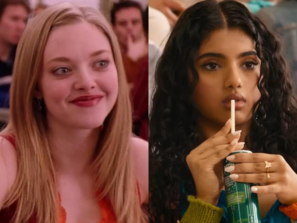 Left: Amanda Seyfried as Karen Smith in the 2004 version of "Mean Girls." Right: Avantika as Karen Shetty in the 2024 version of "Mean Girls."