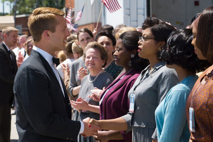 Katherine G. Johnson (Taraji P. Henson), flanked by fellow mathematicians Dorothy Vaughan (Octavia Spencer) and Mary Jackson (Janelle Monáe) meet John Glenn (Glen Powell). (Photo: Hopper Stone/Twentieth Century Fox)