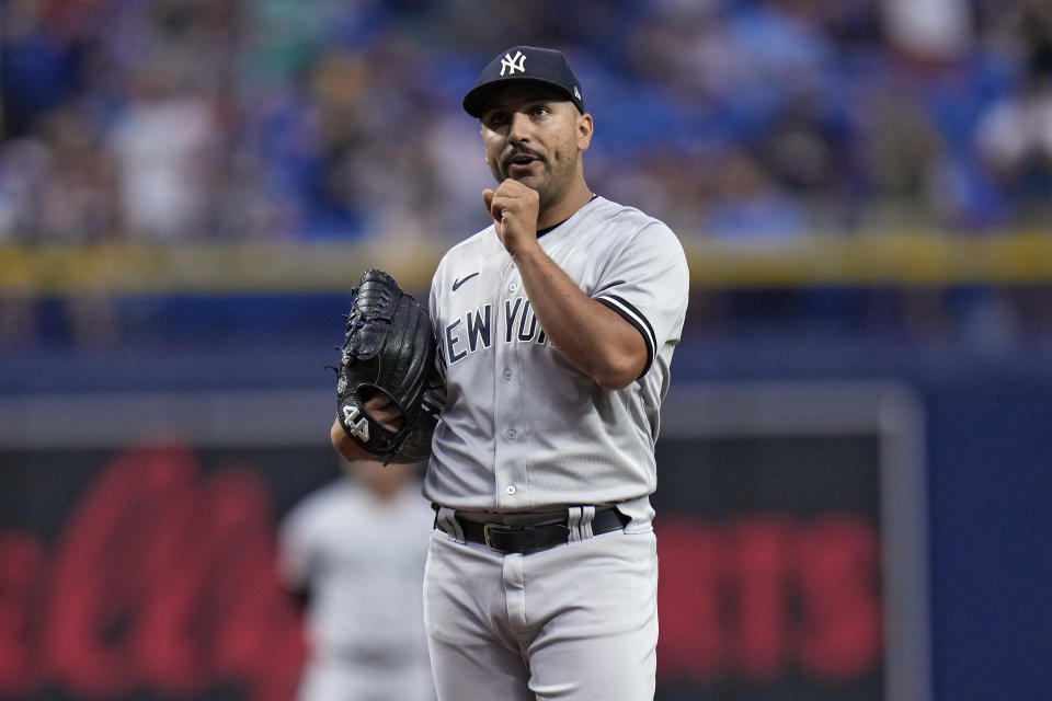 New York Yankees starting pitcher Nestor Cortes reacts after giving up a solo home run to Tampa Bay Rays' Isaac Paredes during the first inning of a baseball game Tuesday, June 21, 2022, in St. Petersburg, Fla. (AP Photo/Chris O'Meara)