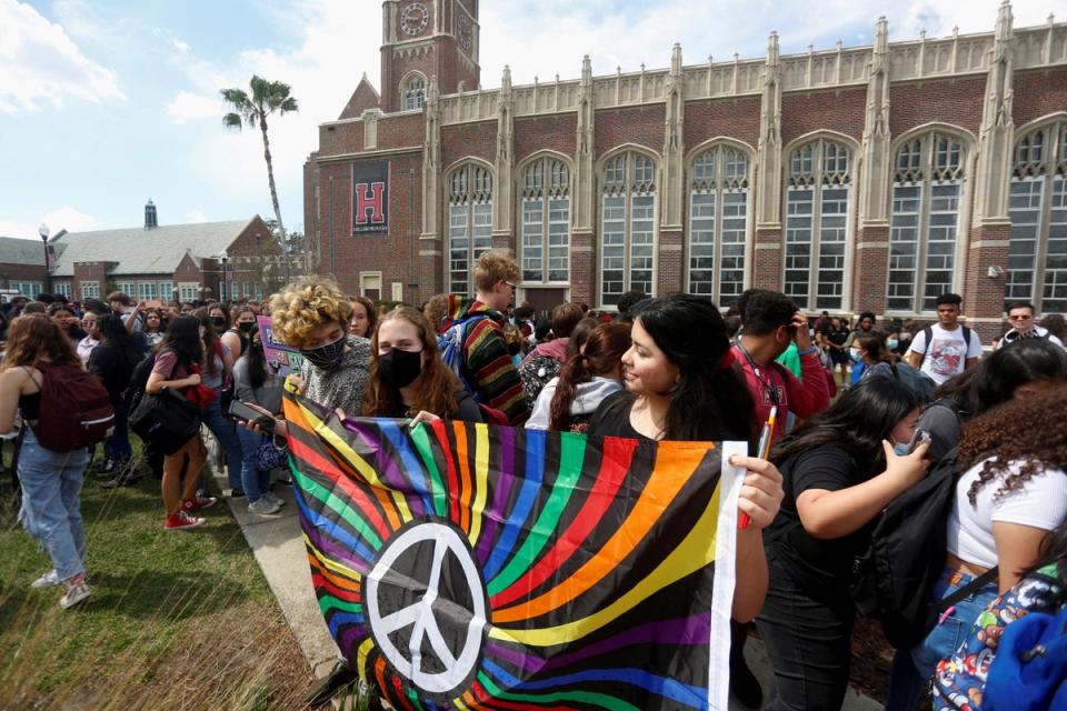 Students at Tampa’s Hillsborough High School walked out in protest of the Parental Rights in Education bill in March. Students across the state participated in classroom walkouts and campus demonstrations against the legislation. (REUTERS)