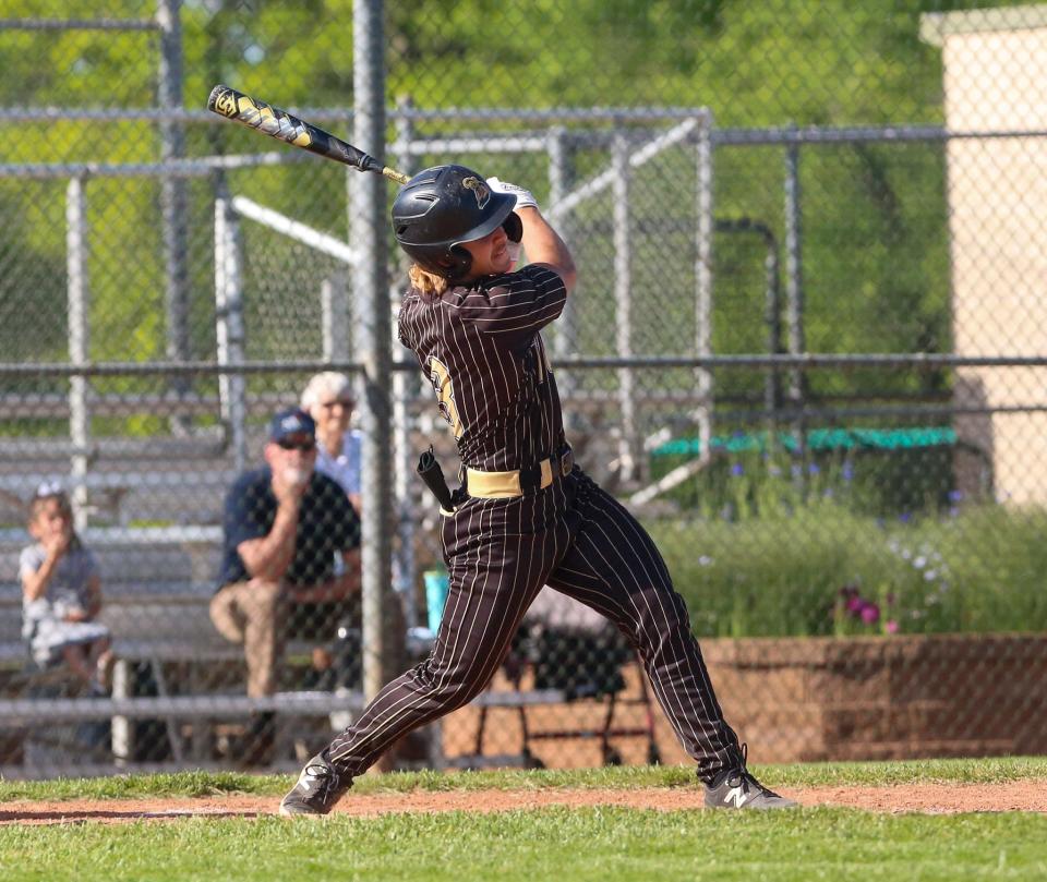 Topeka High's Nate Plankinton during an at-bat against St. Mary's Academy on Thursday, May 9.