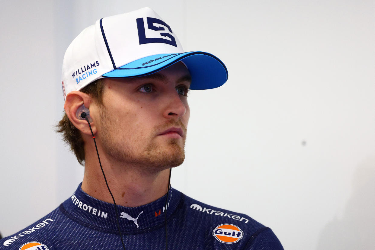 ZANDVOORT, NETHERLANDS - AUGUST 24: Logan Sargeant of United States and Williams looks on in the garage during final practice ahead of the F1 Grand Prix of Netherlands at Circuit Zandvoort on August 24, 2024 in Zandvoort, Netherlands. (Photo by Clive Rose/Getty Images)