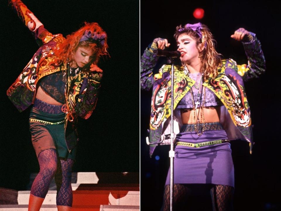 Madonna on stage during the "Virgin Tour" in 1985.