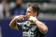 LA Galaxy forward Javier Hernandez celebrates after scoring during the second half of a Major League Soccer match against Austin FC Saturday, May 15, 2021, in Carson, Calif. The Galaxy won 2-0. (AP Photo/Mark J. Terrill)