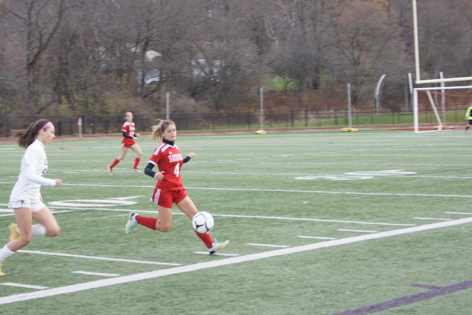 Sauquoit Valley Senior Angelena Walker attempts to locate the ball in the New York State Girls Soccer Class C Semifinal vs Section V Byron-Bergen. The Indians defeated the Bees 2-1 on November 12, 2022, in Cortland, NY.