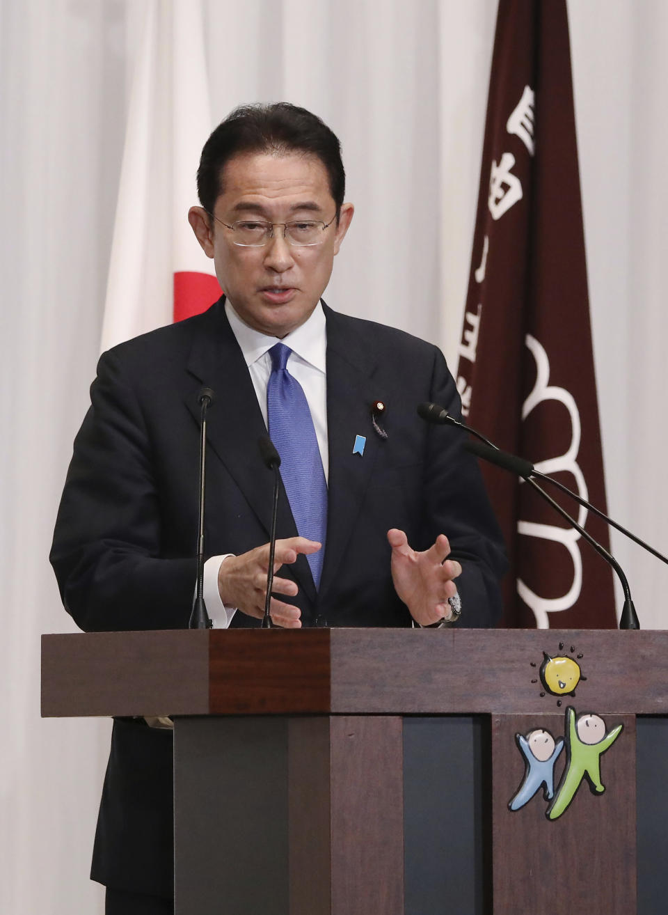 Japan’s former Foreign Minister Fumio Kishida attends a press conference at the headquarters of the Liberal Democratic Party after he was elected as party president in Tokyo Wednesday, Sept. 29, 2021. Kishida won the governing party leadership election on Wednesday and is set to become the next prime minister, facing the imminent task of addressing a pandemic-hit economy and ensuring a strong alliance with Washington to counter growing regional security risks. (Du Xiaoyi/Pool Photo via AP)