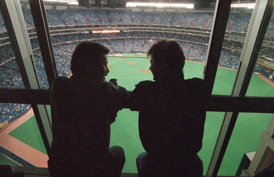 Fans, shown here in 1992, can watch Toronto Blue Jays games from the adjacent hotel.
