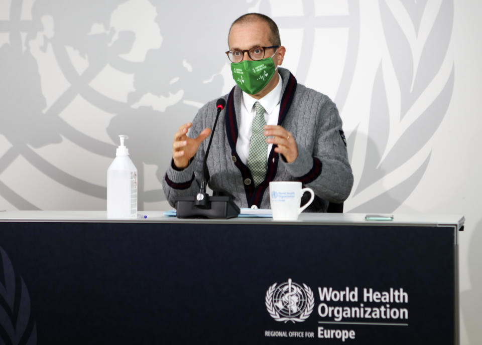 World Health Organization regional director Dr. Hans Kluge speaks during an online news conference with Katie Smallwood, WHO Europe’s senior health emergency officer, in Copenhagen, Denmark, on Thursday Sept. 17, 2020. Kluge said his decision to wear a mask was “a clear signal that we are going into a worsening situation” with the coronavirus in WHO Europe’s 53-country region. (David Barrett/WHO via AP)