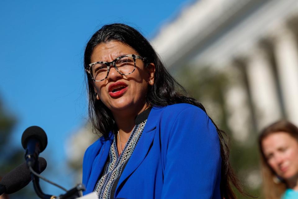 WASHINGTON, DC - SEPTEMBER 19: Rep. Rashida Tlaib (D-MI)  speaks at a news conference on the introduction of the "Restaurant Workers Bill of Rights" outside the U.S. Capitol Building on September 19, 2023 in Washington, DC. Lawmakers held the news conference alongside members of the Restaurant Opportunity Center United organization to hear stories about those who work in the restaurant industry and their requests for countrywide improved working conditions.  