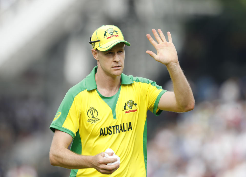 Australia's Jason Behrendorff acknowledges the crowd after taking the wicket of England's Jofra Archer during the Cricket World Cup match between England and Australia at Lord's cricket ground in London, Tuesday, June 25, 2019. Australia won by 65 runs with Behrendorff taking 5 wickets. (AP Photo/Alastair Grant)