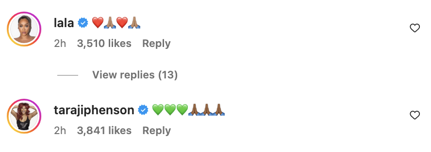 Comment by lala: love and prayer emojis, 3,510 likes; Comment by tarajiphenson: heart and prayer emojis, 3,841 likes. 13 replies to lala's comment