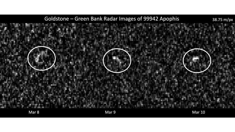 Diese Bilder stellen Radarbeobachtungen von Apophis am 8., 9. und 10. März 2021 dar, während seiner letzten Annäherung vor seiner Begegnung mit der Erde im Jahr 2029. Die Daten schließen jede Möglichkeit eines Aufpralls auf die Erde für mindestens ein Jahrhundert aus.  - NSF/AUI/GBO/JPL-Caltech/NASA