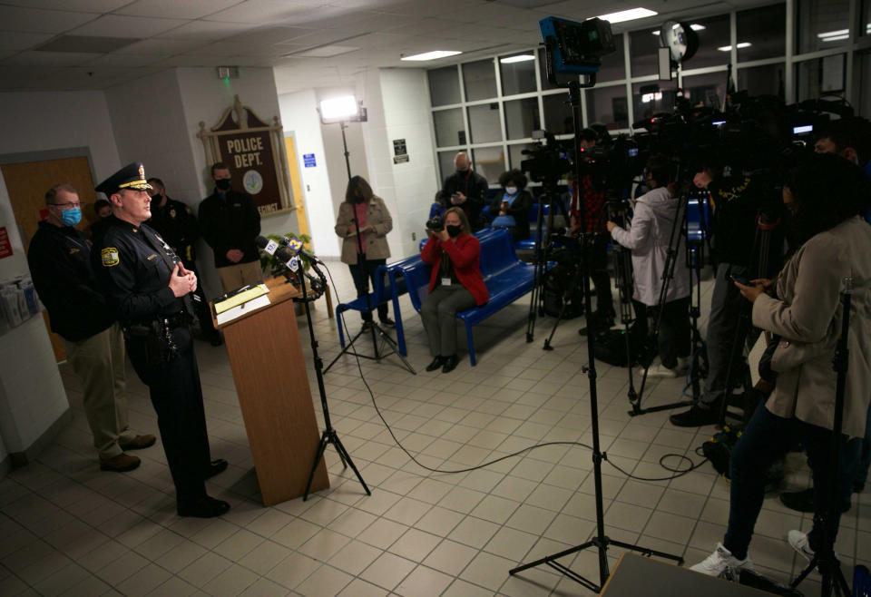 Virginia Beach Police Chief Paul Neudigate addresses media in the lobby of the Virginia Beach Police Department Second Precinct in Virginia Beach, Va., on Saturday, March 27, 2021. (Kristen Zeis/The Virginian-Pilot via AP)