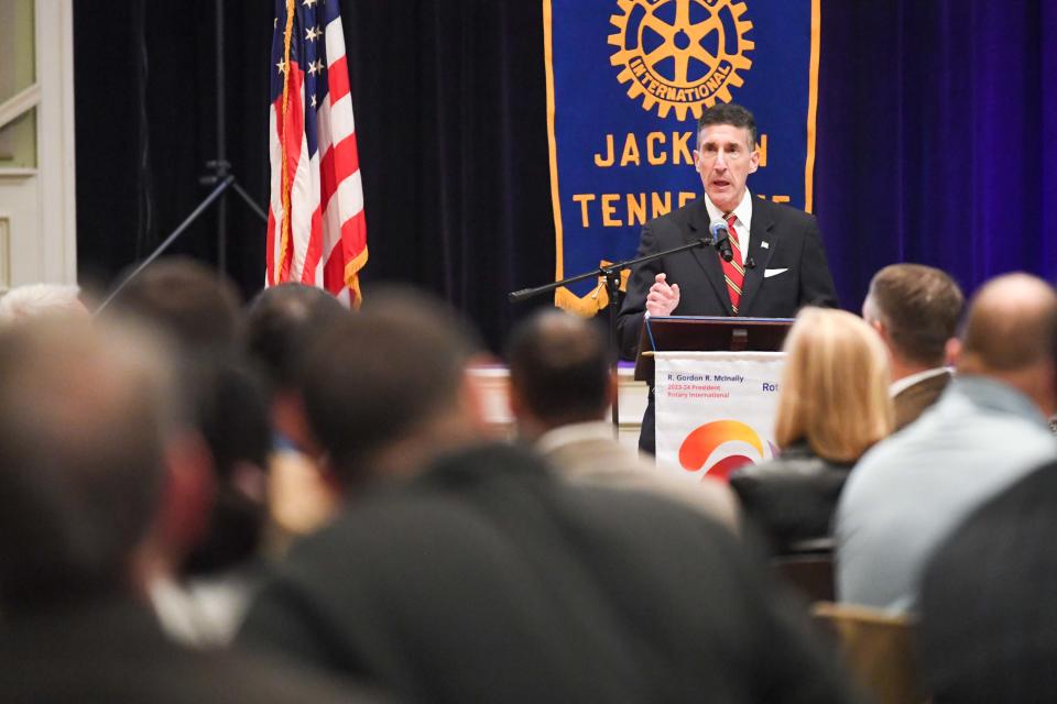 Congressman David Kustoff speaks before the first Jackson Rotary Club meeting of the year in Jackson, Tenn., on Wednesday, Jan. 3, 2024.
