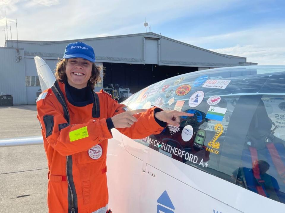 Rutherford has been collecting stickers at his stops. Before departing for Greenland he put on some of his new stickers, including this Labrador flag sticker.  (Regan Burden/CBC - image credit)