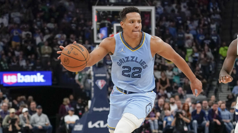 FILE - Memphis Grizzlies forward Desmond Bane plays against the Minnesota Timberwolves during an NBA basketball first-round playoff serieson April 23, 2022, in Minneapolis. Bane leads the NBA shooting 46.4% from 3-point range with a minimum of 600 attempts since he entered the league. (AP Photo/Craig Lassig)