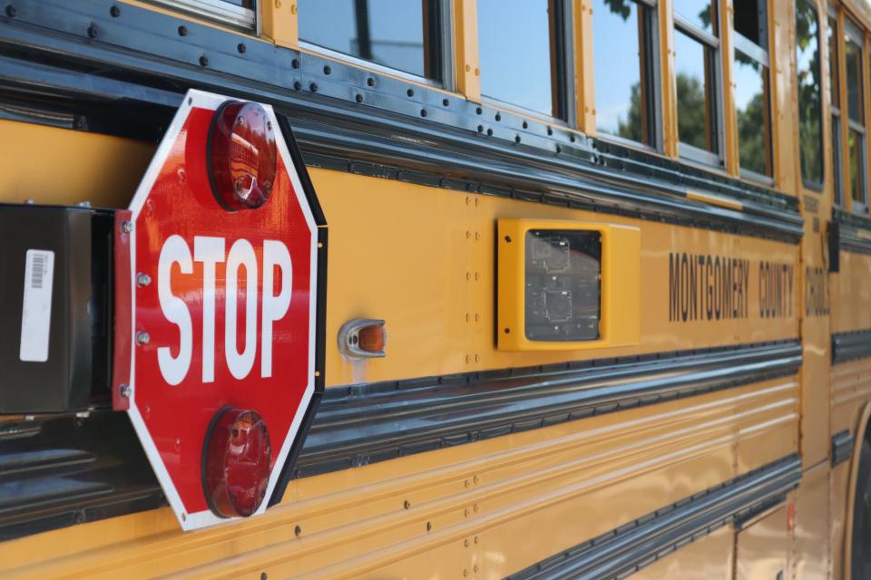 A camera on the side of a Montgomery County, Maryland, school bus.