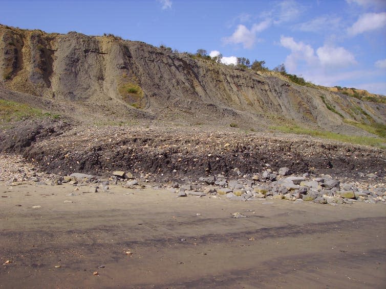 <span class="caption">Landslip near Lyme Regis.</span> <span class="attribution"><span class="source">Ballista/wikipedia</span>, <a class="link " href="http://creativecommons.org/licenses/by-sa/4.0/" rel="nofollow noopener" target="_blank" data-ylk="slk:CC BY-SA;elm:context_link;itc:0;sec:content-canvas">CC BY-SA</a></span>