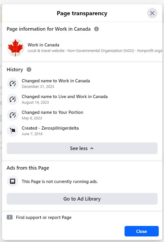 <span>Screenshot of the Facebook page transparency informaion for "Work in Canada," taken March 28, 2024</span>