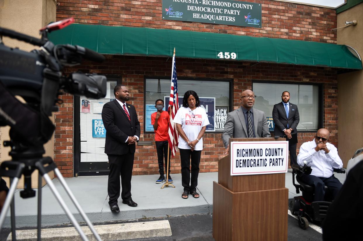 Georgia Sen. Harold Jones answers questions during a Richmond County Democratic Party press conference outside their office off Broad Street on Monday, June 27, 2022. Representatives discussed the overturn of Roe v. Wade and the effects on Augusta residents.