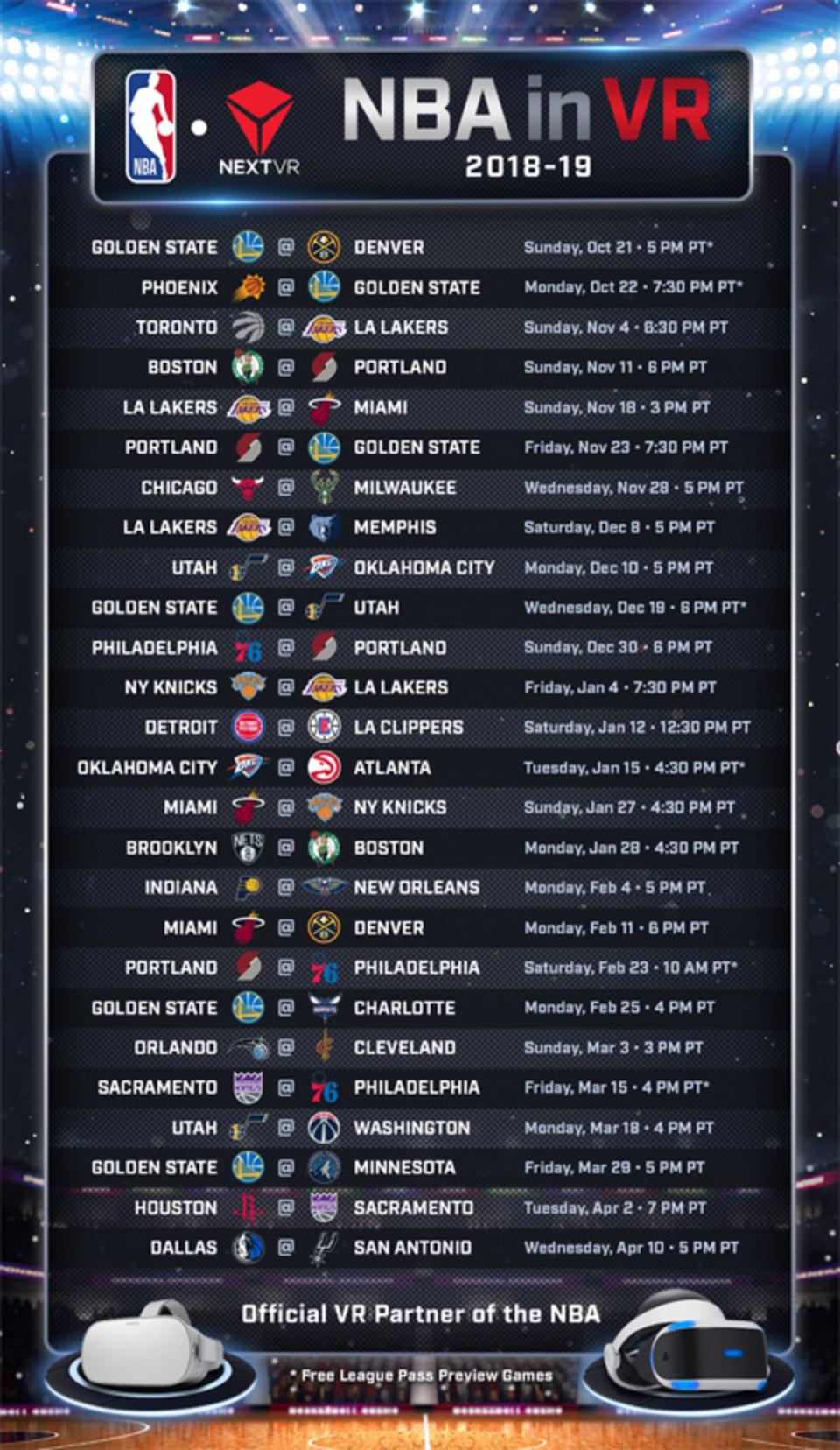 NBA League Pass 2018-2019 VR schedule