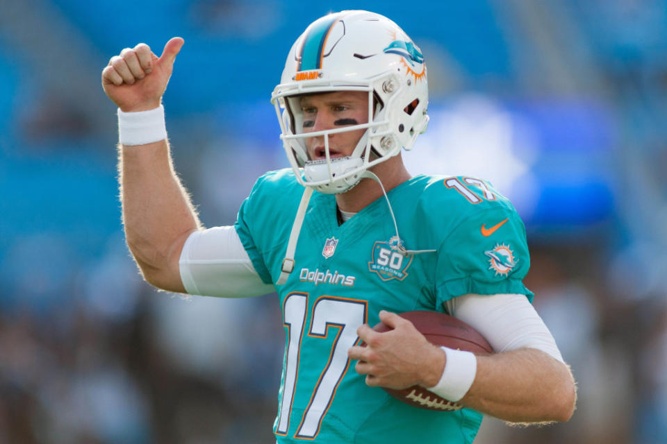 Aug 22, 2015; Charlotte, NC, USA; Miami Dolphins quarterback Ryan Tannehill (17) gives a a thumbs up prior to the game against the Carolina Panthers at Bank of America Stadium. Mandatory Credit: Jeremy Brevard-USA TODAY Sports