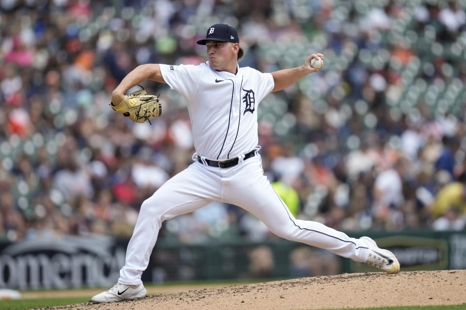 Detroit Tigers relief pitcher Tyler Holton throws against the Atlanta Braves in the fourth inning during the first baseball game of a doubleheader, Wednesday, June 14, 2023, in Detroit. (AP Photo/Paul Sancya)