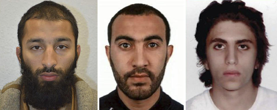 This is undated three photo combo handout photo issued by the Metropolitan Police  on Tuesday June 6, 2017 of Khuram Shazad Butt, left, Rachid Redouane, centre  and Youssef Zaghba who have been named as the suspects in Saturday's attack at London Bridge. (Metropolitan Police via AP)