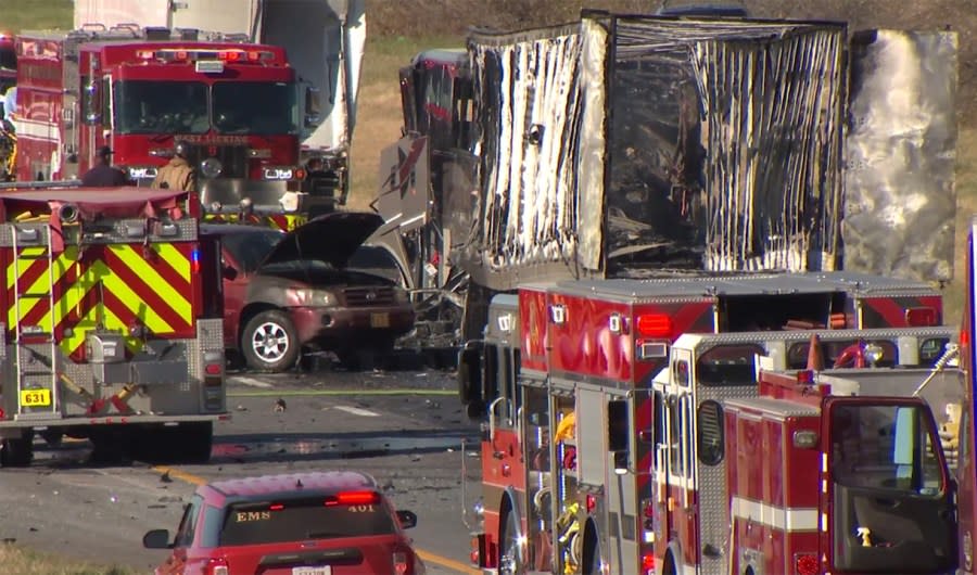 Emergency crews respond to a fiery crash on I-70 West involving a charter bus and a semi. (NBC4)