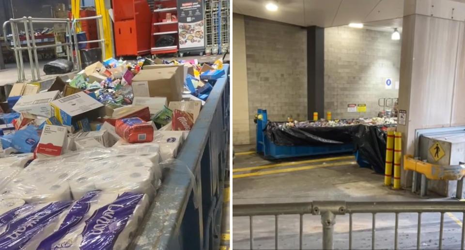 Two photos of Coles products from their Chadstone store in Melbourne being thrown out. Products include toilet paper, soft drinks and other sealed items.   