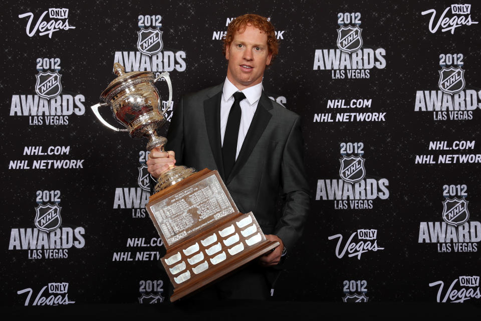 LAS VEGAS, NV - JUNE 20: Brian Campbell of the Florida Panthers poses after winning the Lady Byng Memorial Trophy during the 2012 NHL Awards at the Encore Theater at the Wynn Las Vegas on June 20, 2012 in Las Vegas, Nevada. (Photo by Bruce Bennett/Getty Images)