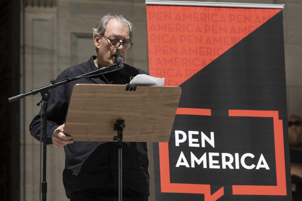 American writer Paul Auster speaks during a reading event in solidarity of support for author Salman Rushdie outside the New York Public Library, Friday, Aug. 19, 2022, in New York. (AP Photo/Yuki Iwamura)