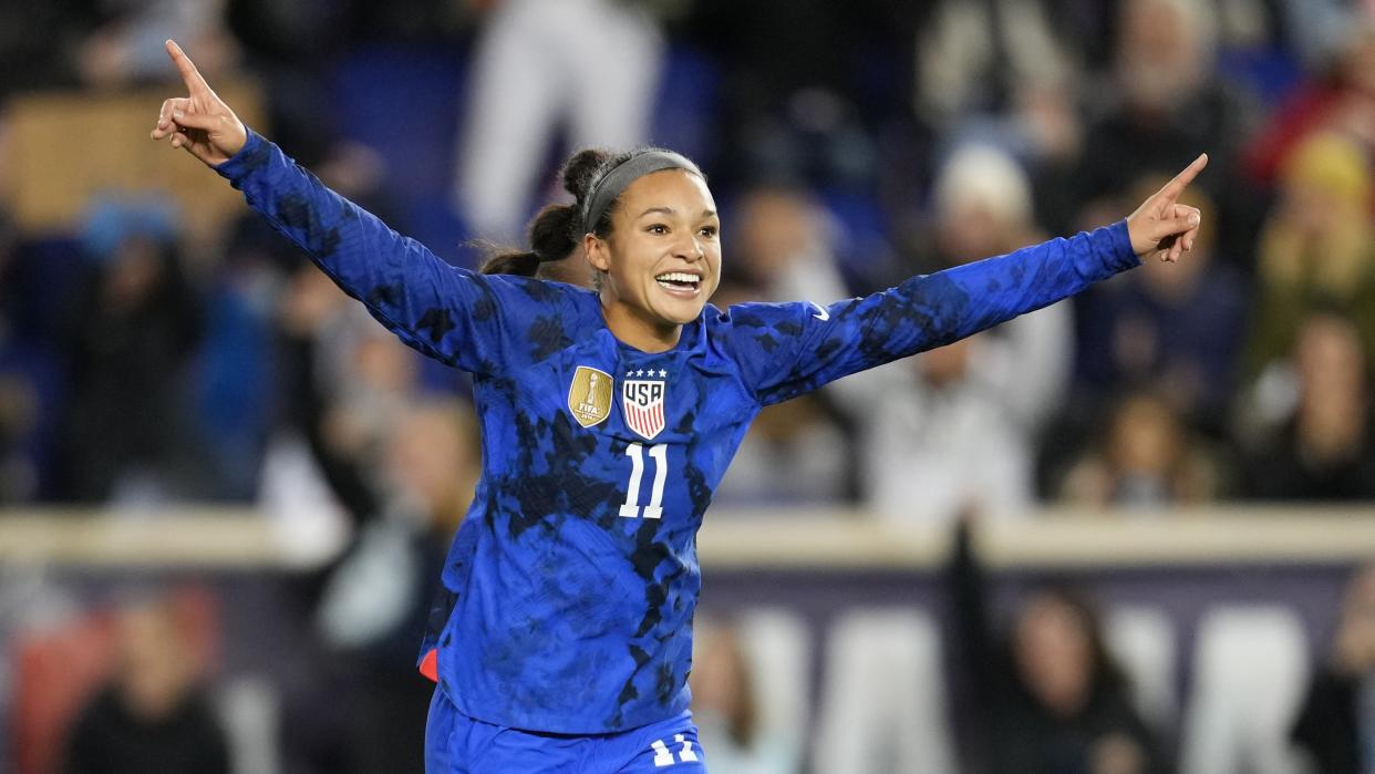   Sophia Smith #11 of the United States scores a goal and celebrates during a game between Germany and USWNT 