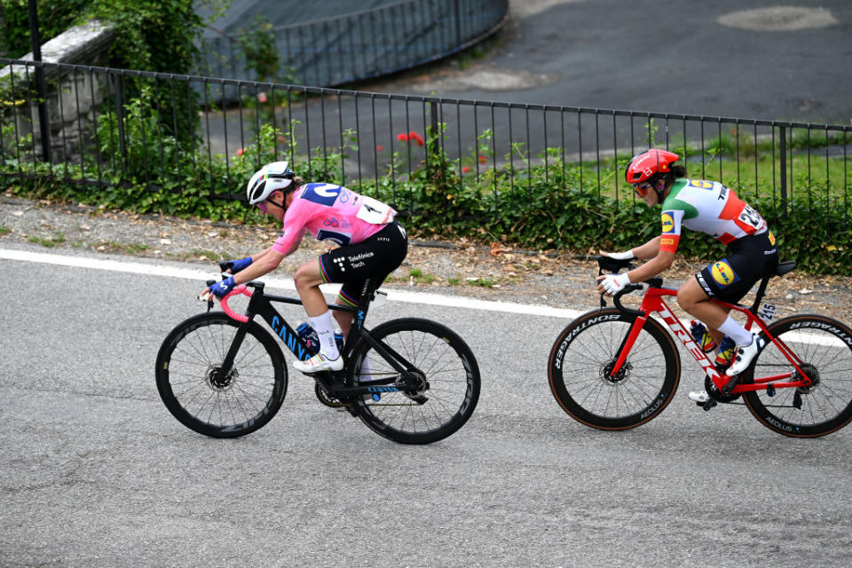 BORGO VAL DI TORO ITALY  JULY 03 LR Annemiek Van Vleuten of The Netherlands and Movistar Team  Pink Leader Jersey and Elisa Longo Borghini of Italy and Team Lidl  Trek compete in the breakaway during the 34th Giro dItalia Donne 2023 Stage 4 a 134km stage from Fidenza to Borgo Val di Toro  UCIWWT  on July 03 2023 in Borgo Val di Toro Italy Photo by Dario BelingheriGetty Images