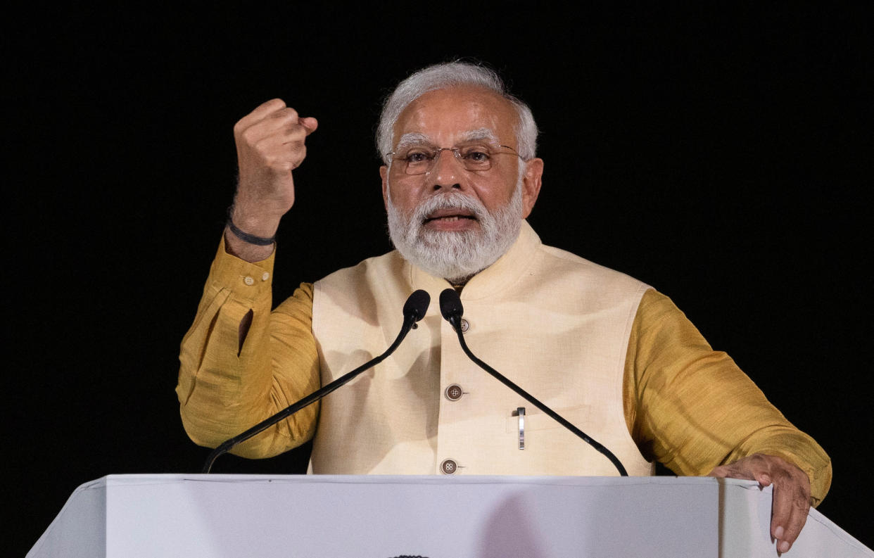 Prime Minister Narendra Modi gestures as he addresses a gathering after inaugurating a revamped colonial avenue in New Delhi, India, September 8, 2022. REUTERS/Adnan Abidi