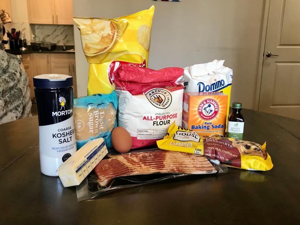 Ingredients like brown sugar and bacon used in Martha Stewart's Bacon Potato-Chip Chocolate Cookie recipe.