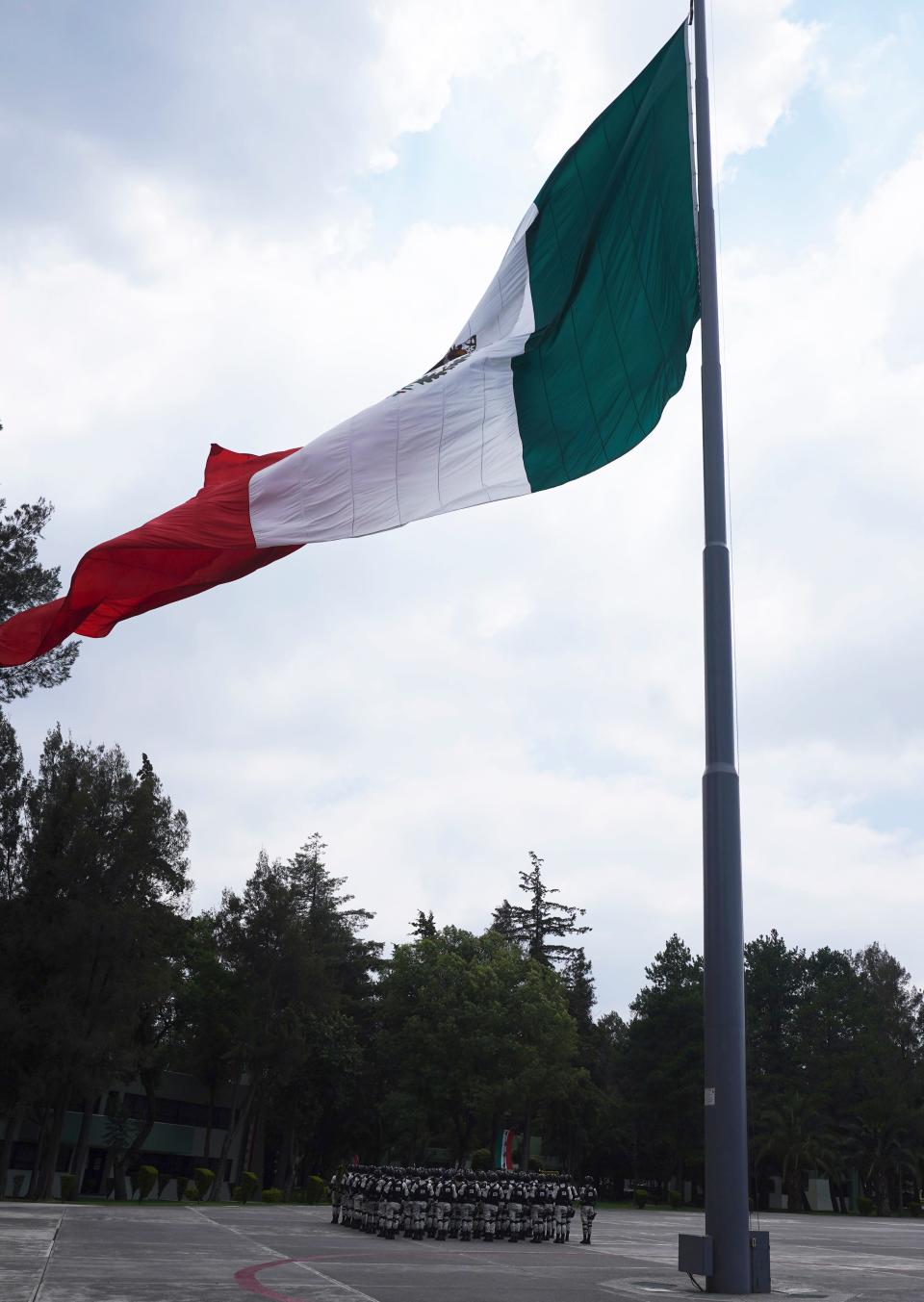 The National Guard practices for the upcoming Independence Day parade at Campo Militar N-1 in Mexico City, Monday, Sept. 12, 2022.